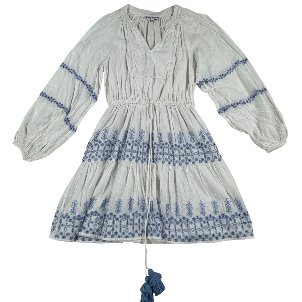 Karina Grimaldi White Blue Eyelet Embroidered Cotton Mini Dress XS Tassel Boho